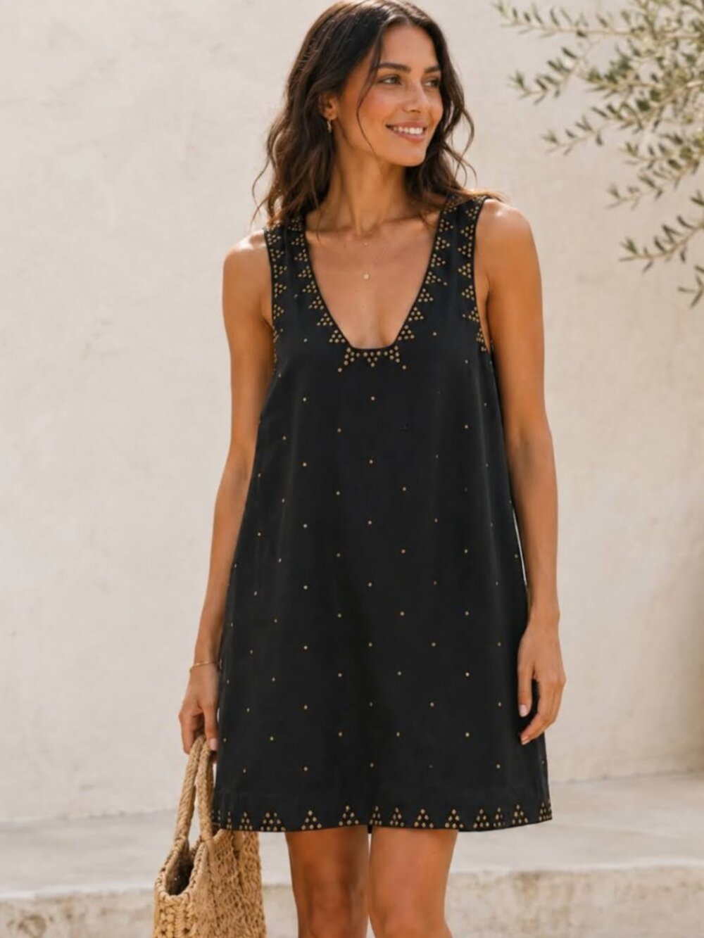 Free People Studded Shift Dress Black Boho Festival Mini Size 4